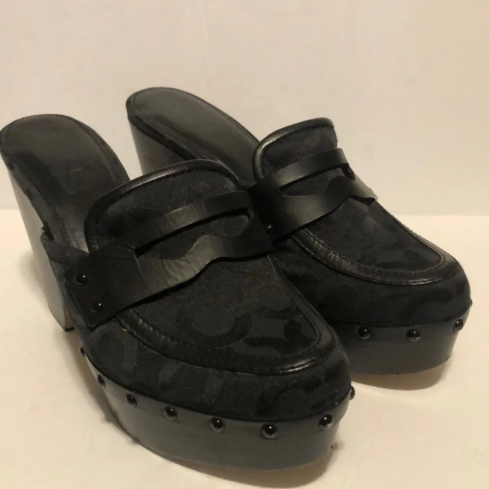 Coach Black C Logo Nalina Black Signature Canvas & Leather Chunky Platform Slide